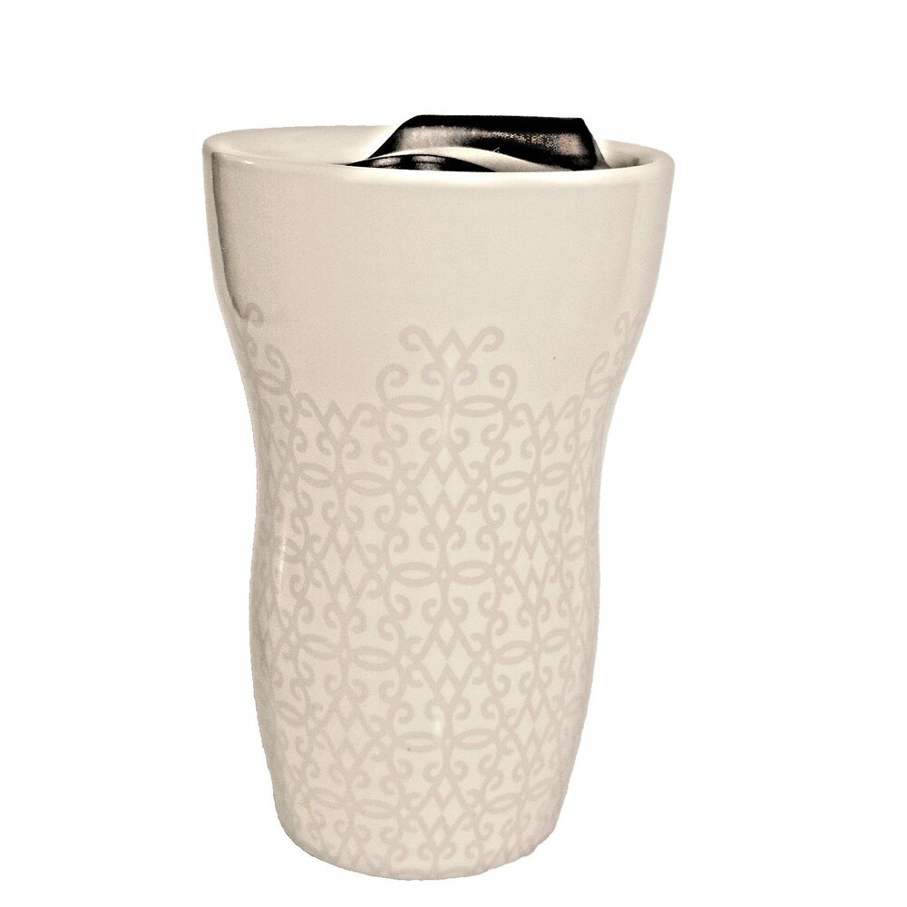 Starbucks 2015 Ceramic Travel Mug White w/ Intricate Gray lines 9 Fluid oz